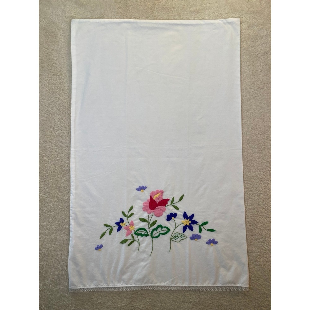Floral Embroidered White Pillowcase with Lace Trim Cotton Blend Vintage Style